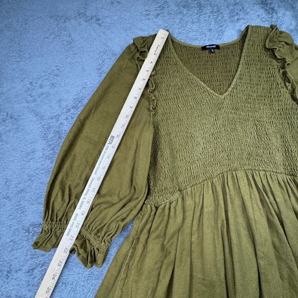 Madewell Flannel Lucie V-Neck Smocked Mini Dress Cottagecore XL Ruffle Green - Picture 8 of 9